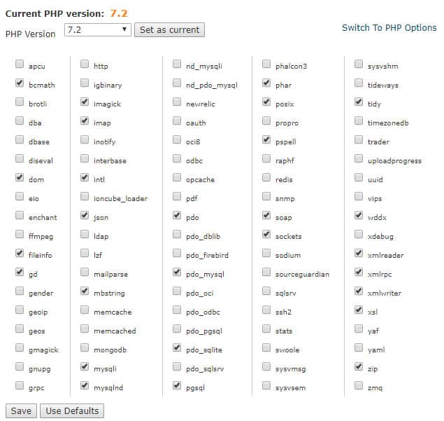 PHP version and extension selection