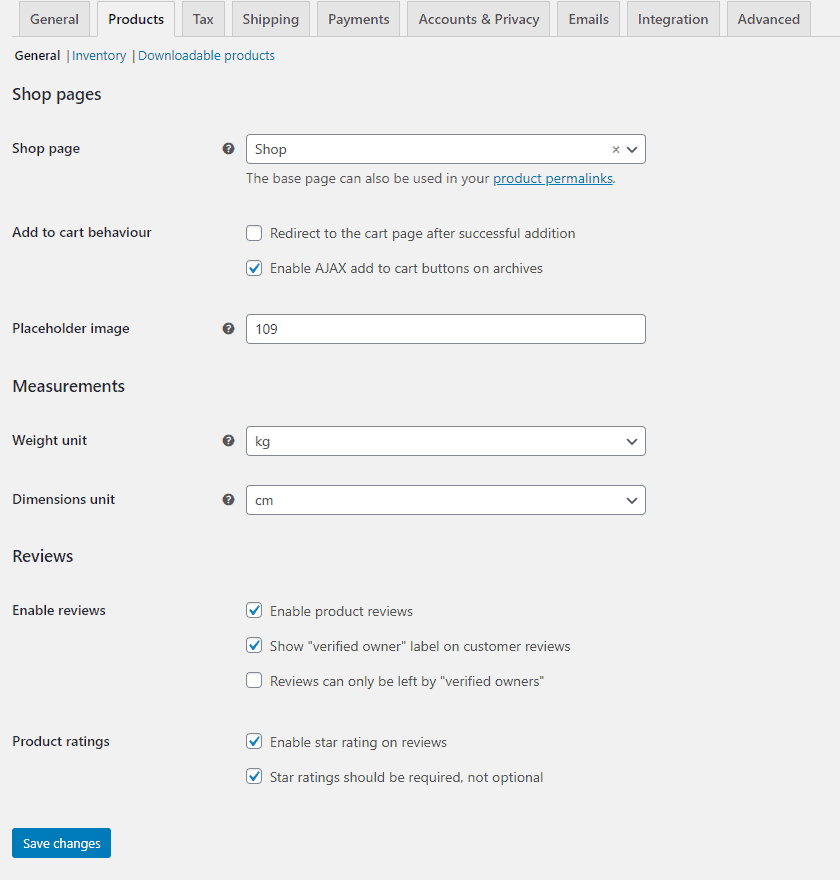 woocommerce settings, products tab