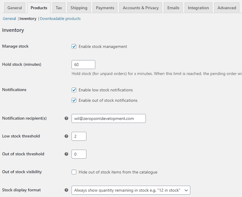 WooCommerce inventory settings