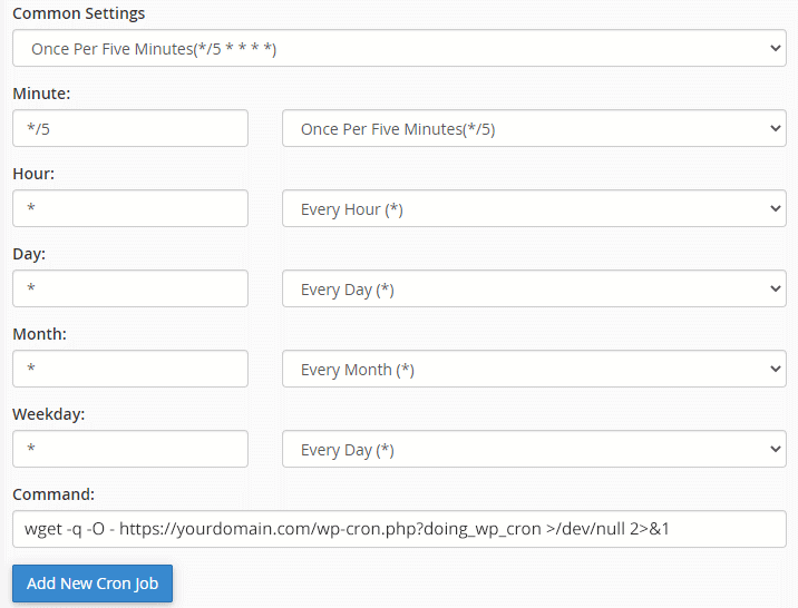 cron job with command to run wp-cron.php