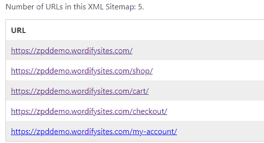 XML sitemap page URL links