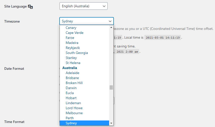 WordPress default site language setting