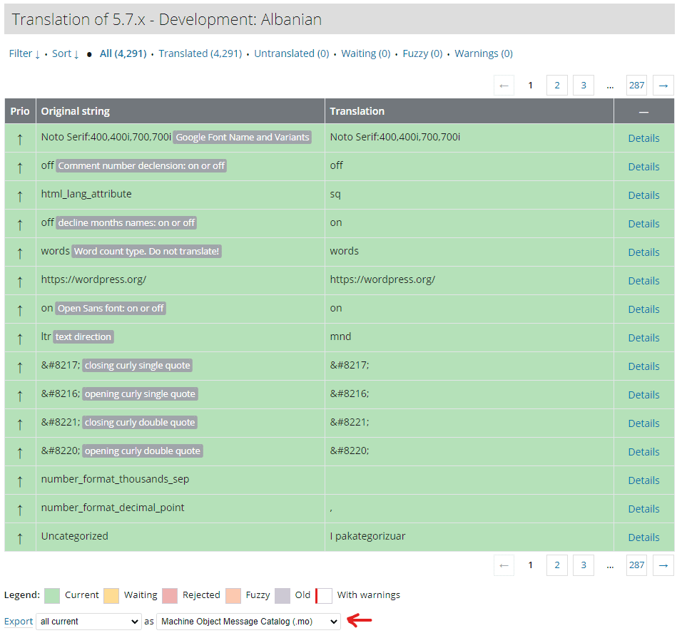 WordPress translation language export page