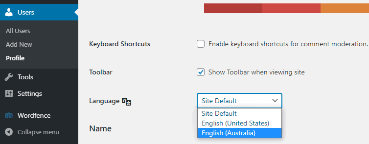 WordPress user profile language