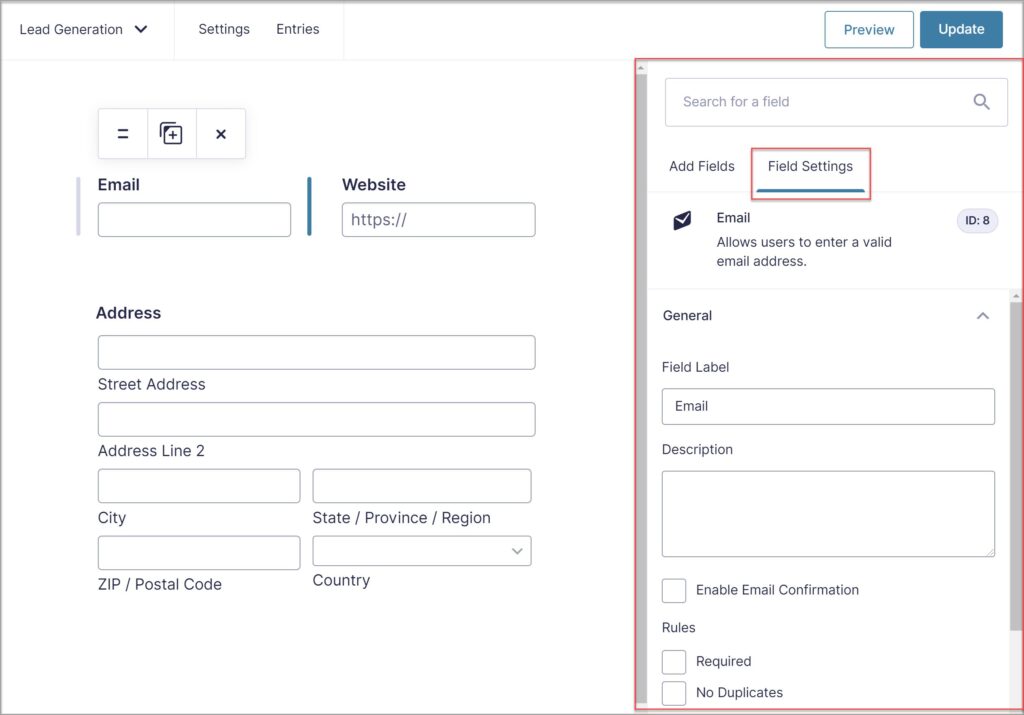 Gravity Forms 2.5 field settings