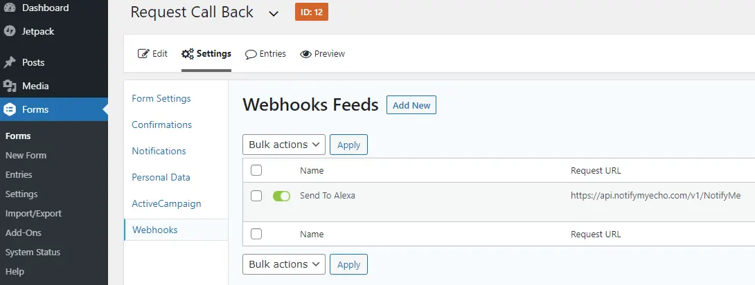 Gravity Forms Webhooks Feed