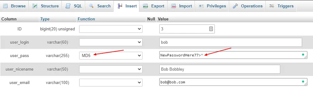 new password using MD5 hashing