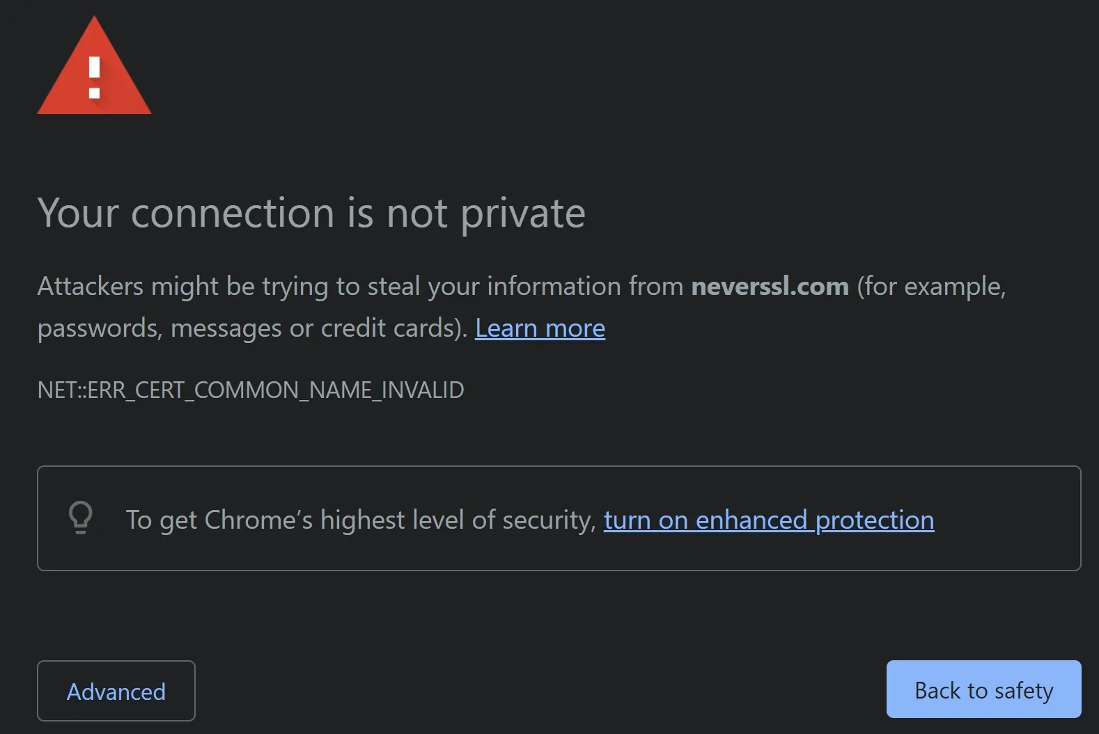 Your connection is not private Chrome browser HTTP warning