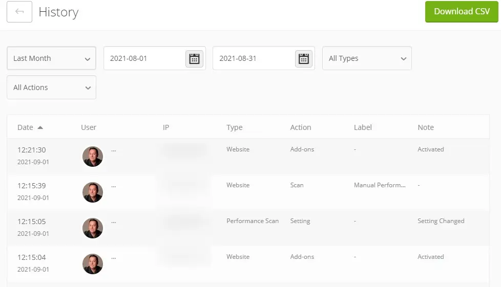 managewp dashboard history