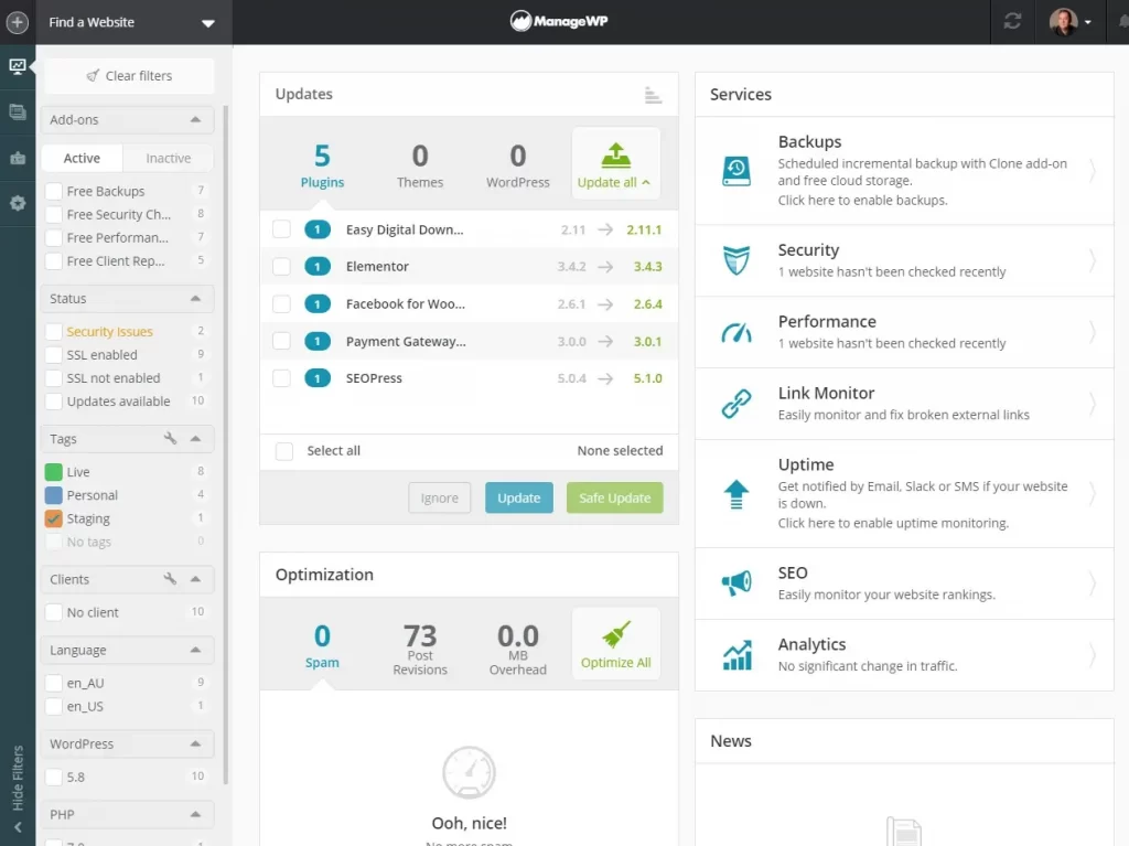 ManageWP Dashboard