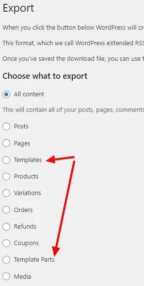 wordpress fse export templates