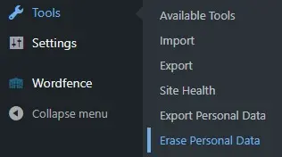 wordpress tools > erase personal data