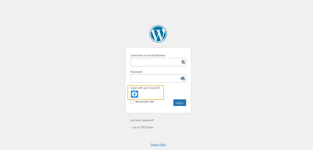 WordPress login screen now shows a login with Facebook icon