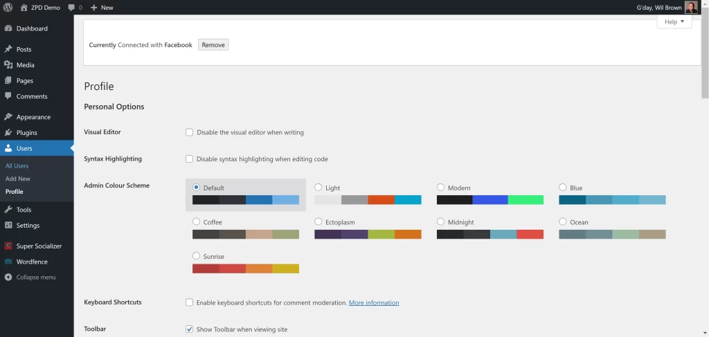 view/remove the social media connection in your WordPress user profile