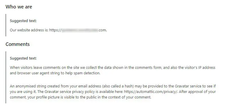 suggested privacy policy text who we are and comments