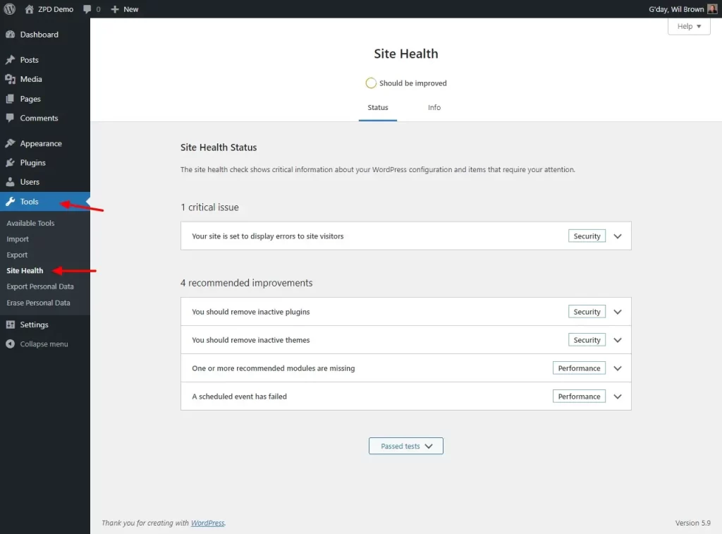 WordPress Site Health Tool
