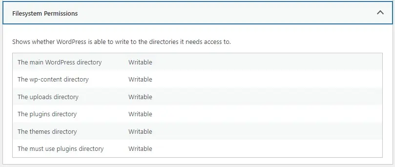 WordPress Site Health File Permissions