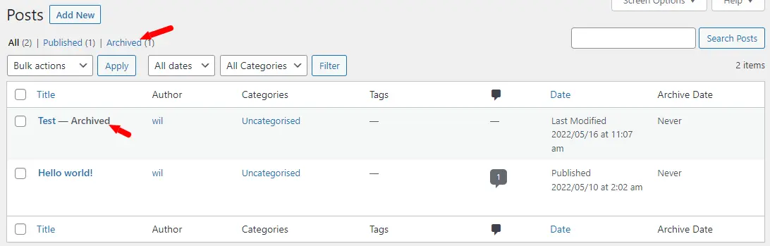 Find WordPress archived posts in the dashboard