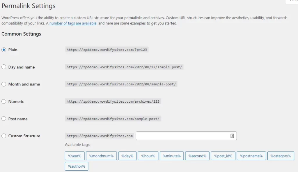 WordPress permalinks settings