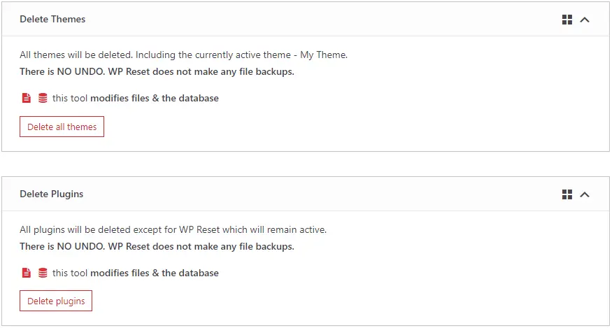 WP Reset delete themes and delete plugins