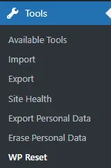 WP Reset plugin menu
