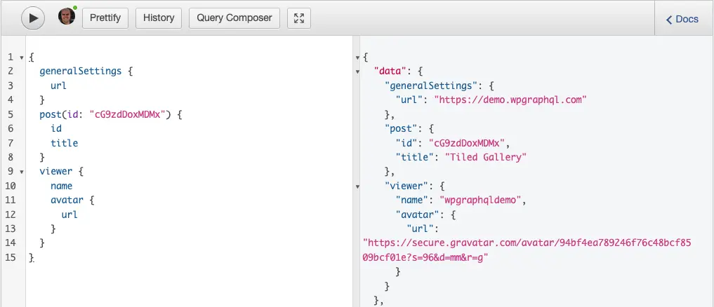 WPGraphQL plugin screenshot showing query composer