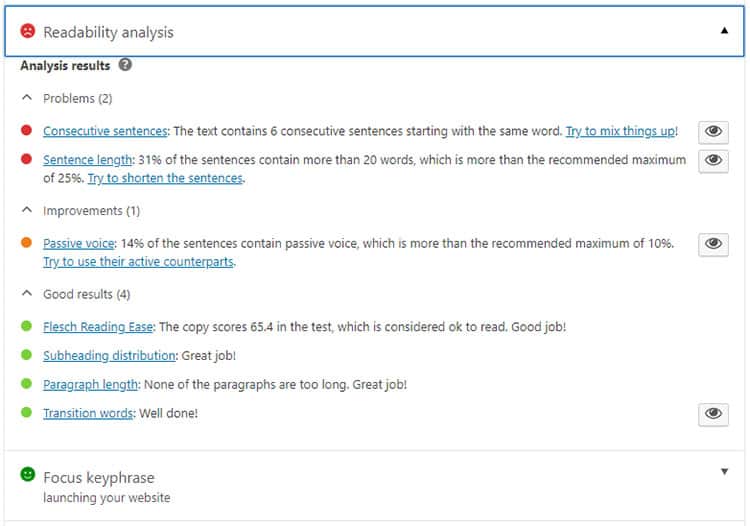 Yoast SEO content analysis section