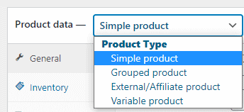 edit woocommerce product: product  type - simple, grouped, external/affiliate and variable