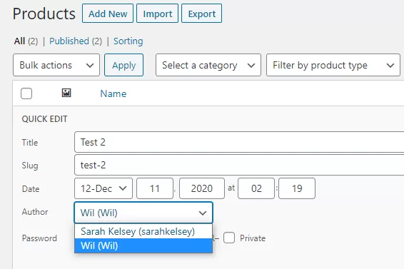 quick edit woocommerce change product author