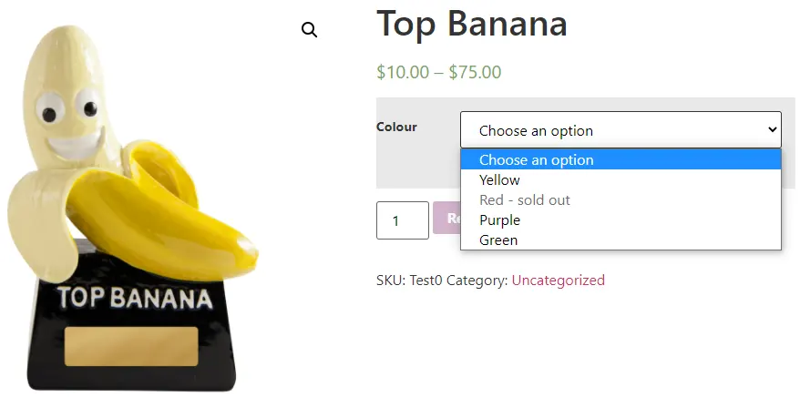 woocommerce sold out variant greyed out - displaying text "Sold out" in drop-down variation list
