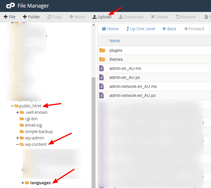 cPanel File Manager in /wp-content/languages folder