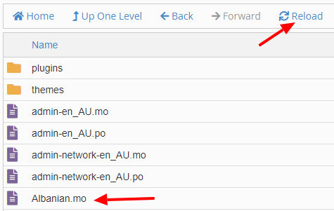 cPanel File Manager showing uploaded Albanian.mo file