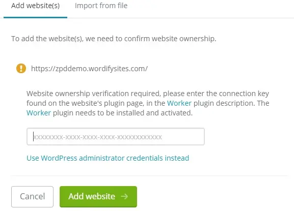 ManageWP worker add website