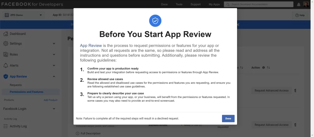 perform facebook app review