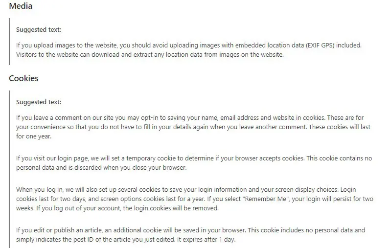 suggested privacy policy text media and cookies