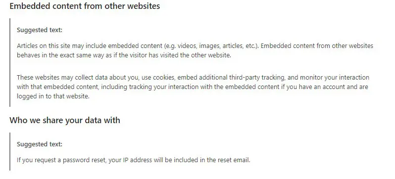 suggested privacy policy text embedded content and who we share your data with