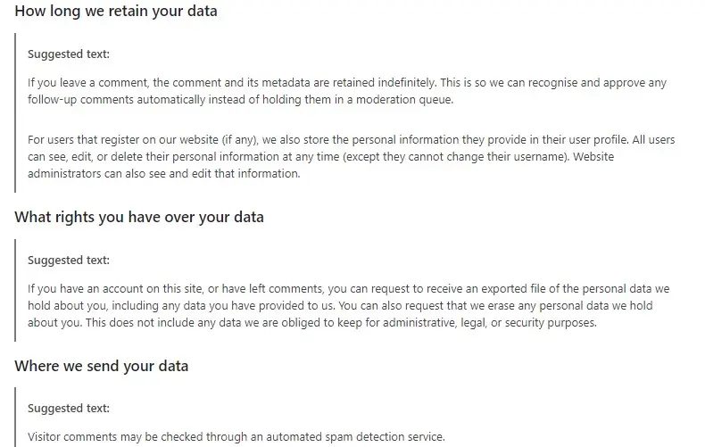 suggested privacy policy text, how long we retain your data, what rights you have over your data and where we send your data
