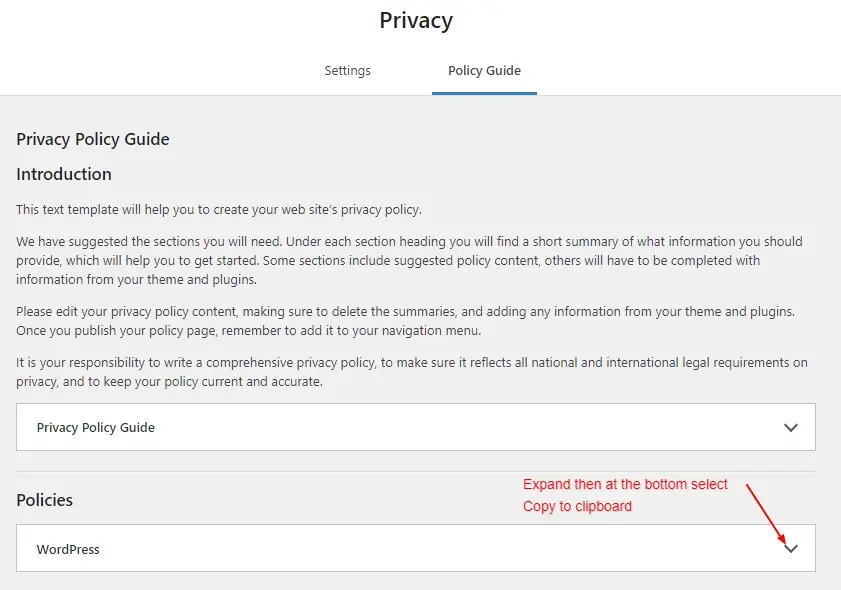 privacy policies expand to copy default text to clipboard