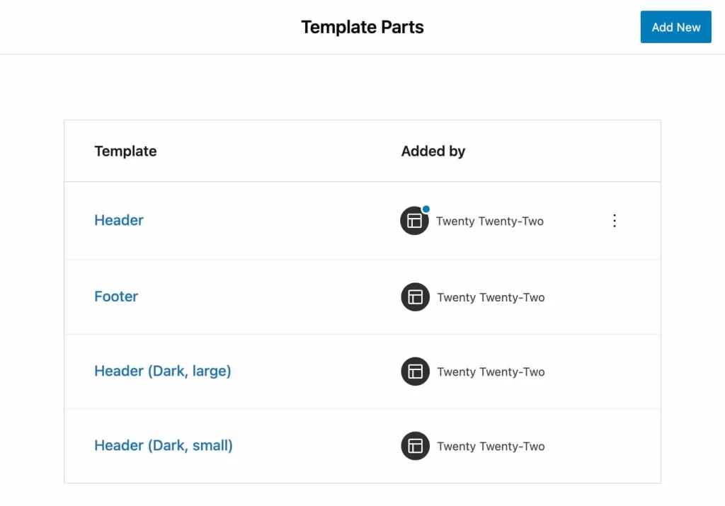 template parts UI