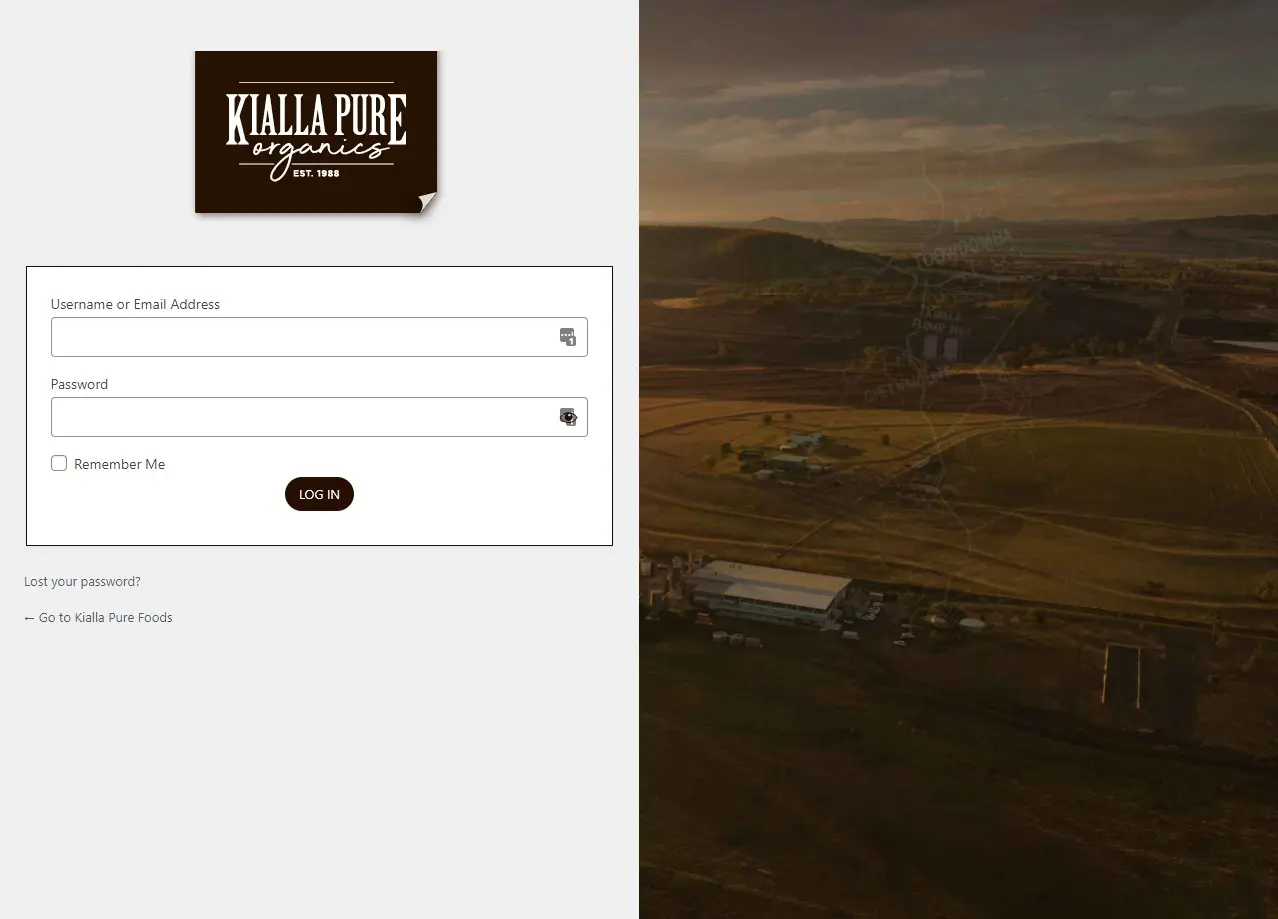 Kialla Pure Foods Client Log In Page