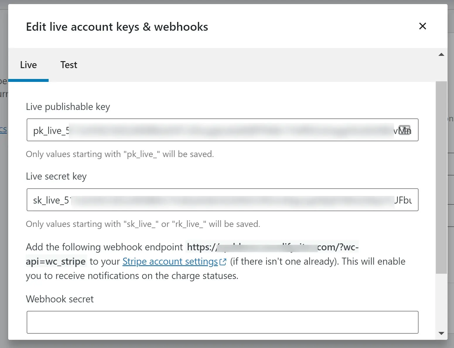 Change Stripe Account in WooCommerce edit live account keys & webhooks