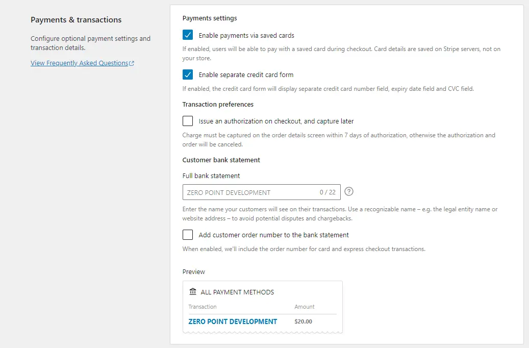 WooCommerce Stripe Settings payments & transactions