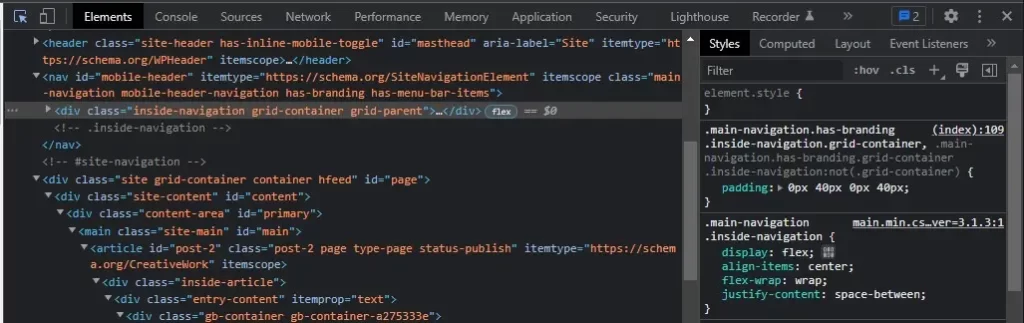 using Chrome inspect to find HTML elements