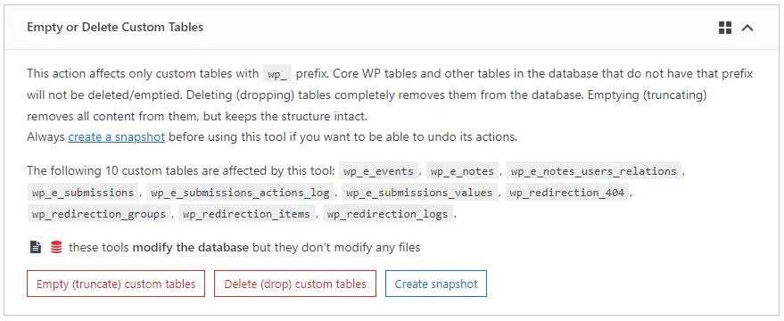 WP Reset Empty or Delete Custom Tables