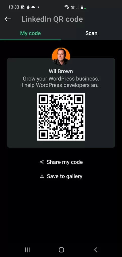 Use the LinkedIn app to share your QR code or scan others